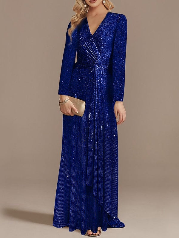 Mermaid/Trumpet V-Neck Long Sleeves Floor-Length Party Cocktail Dress With Sequins Sparkly Evening Dress
