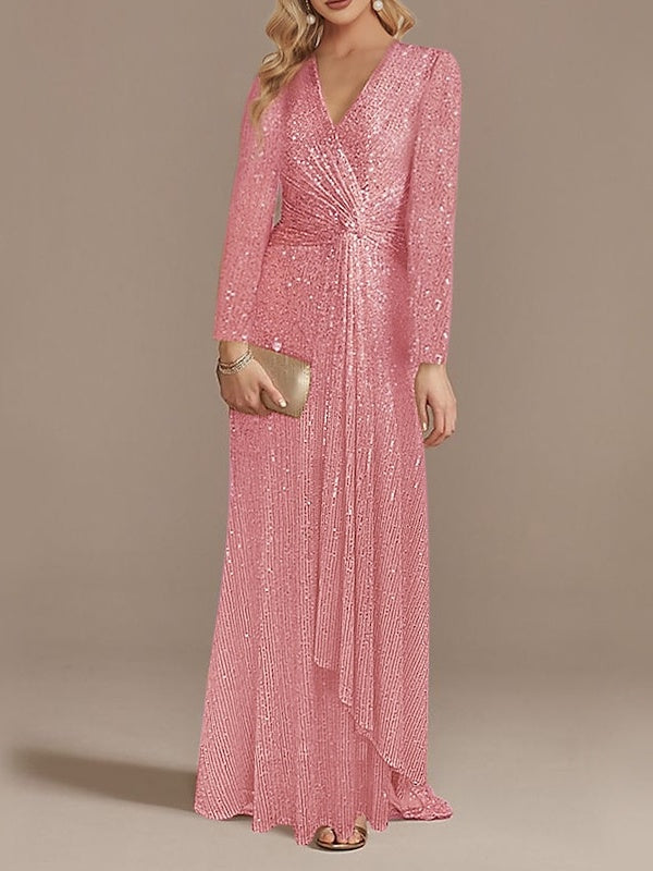 Mermaid/Trumpet V-Neck Long Sleeves Floor-Length Party Cocktail Dress With Sequins Sparkly Evening Dress