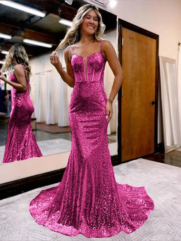 Trumpet/Mermaid Sequins Sweetheart Sleeveless Court Train Corset Dresses Sparkly Evening Dress