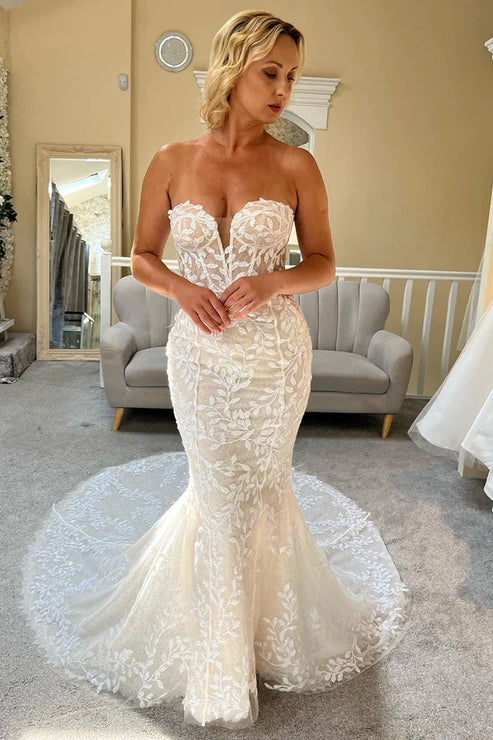 Ivory Lace Strapless Mermaid Long Wedding Dress Off Shoulder Sexy