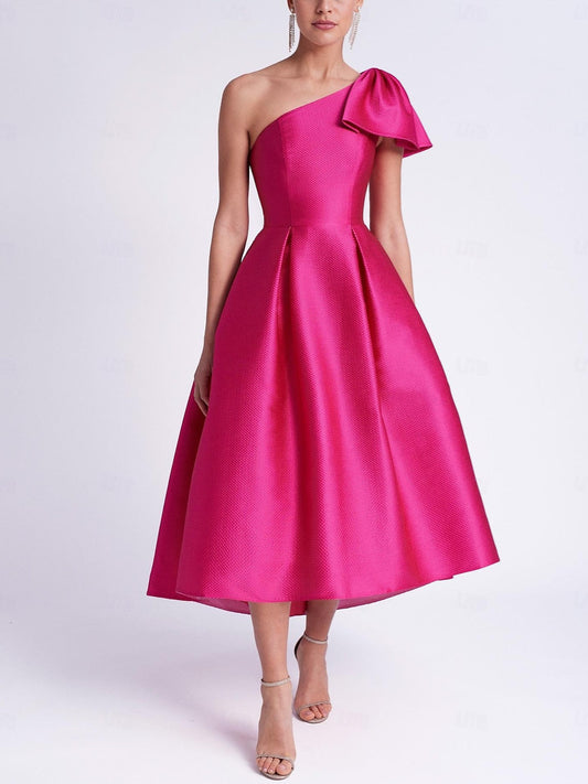 A-Line/Princess One Shoulder Sleeveless Tea-Length Cocktail Dresses With Pocket Fuchsia Evening Dress