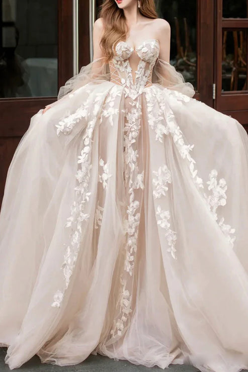 Champagne Lace Long A-Line Ball Gown Off Shoulder Wedding Dress Beautiful