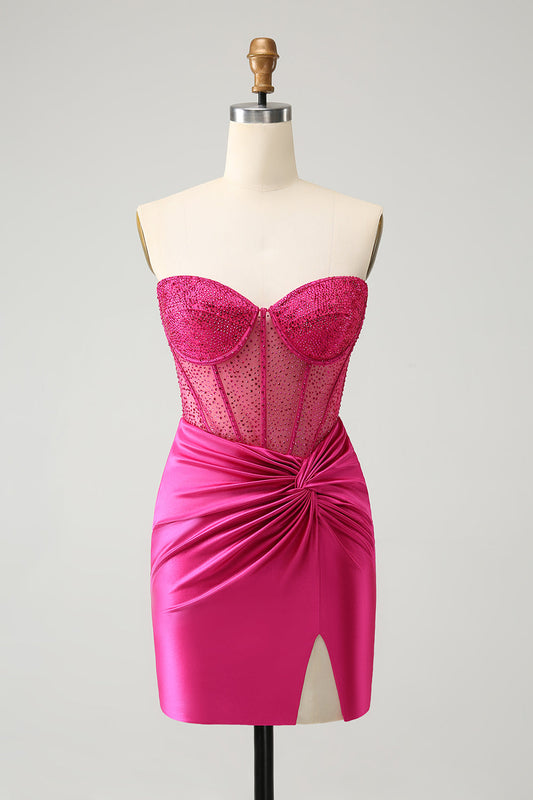 Glitter Hot Pink Strapless Pleated Corset Tight Homecoming Dress with Beading Short