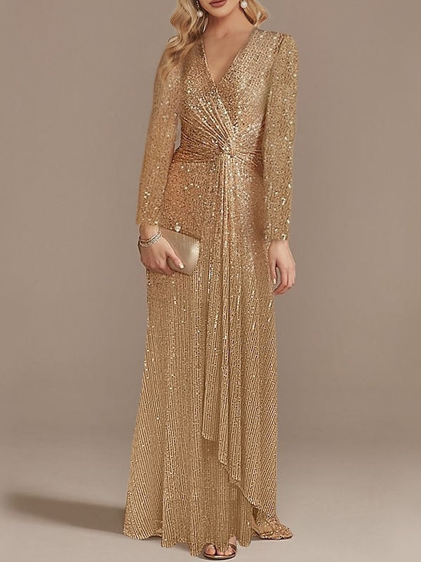 Mermaid/Trumpet V-Neck Long Sleeves Floor-Length Party Cocktail Dress With Sequins Sparkly Evening Dress