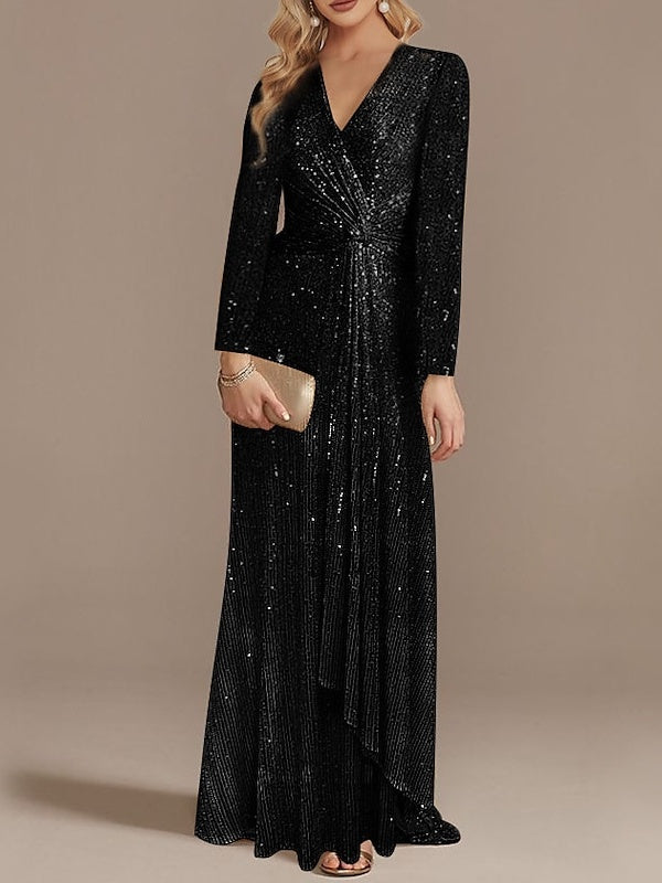 Mermaid/Trumpet V-Neck Long Sleeves Floor-Length Party Cocktail Dress With Sequins Sparkly Evening Dress
