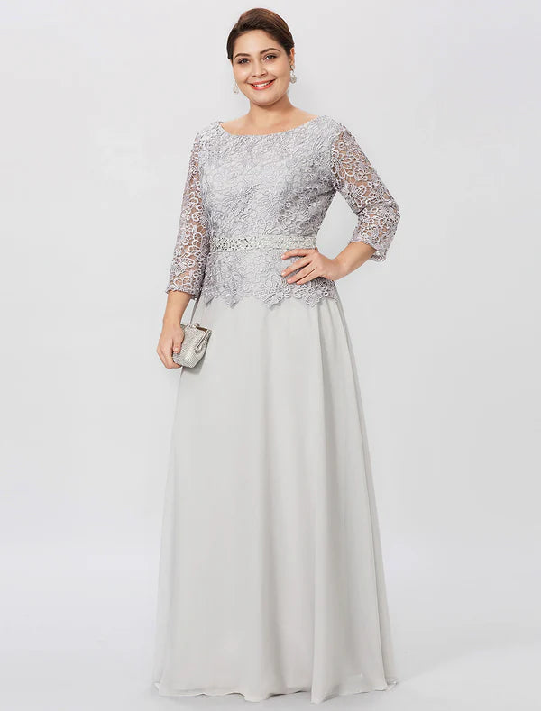 Sheath / Column Mother of the Bride Dress Formal Elegant Plus Size Jewel Neck Floor Length Chiffon Corded Lace 3/4 Length Sleeve No with Lace Silver