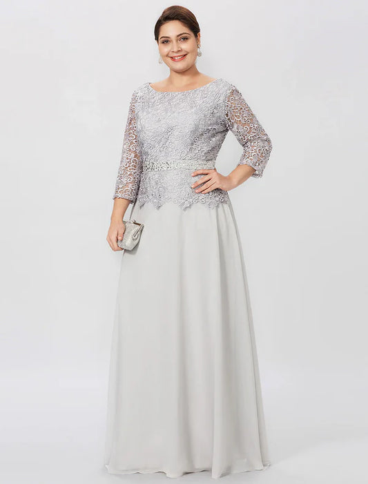 Sheath / Column Mother of the Bride Dress Formal Elegant Plus Size Jewel Neck Floor Length Chiffon Corded Lace 3/4 Length Sleeve No with Lace Silver
