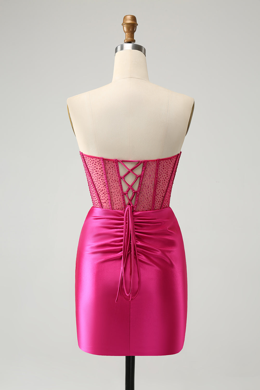Glitter Hot Pink Strapless Pleated Corset Tight Homecoming Dress with Beading Short