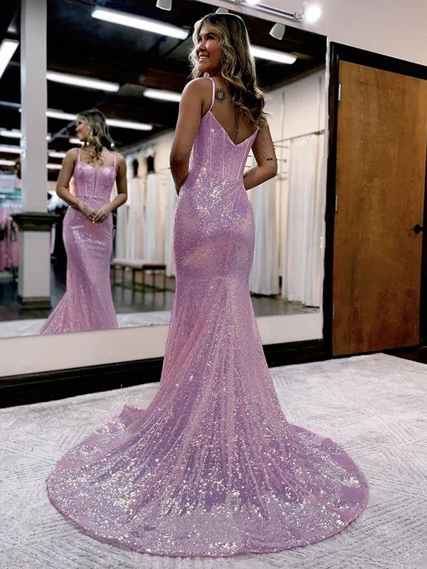 Trumpet/Mermaid Sequins Sweetheart Sleeveless Court Train Corset Dresses Sparkly Evening Dress
