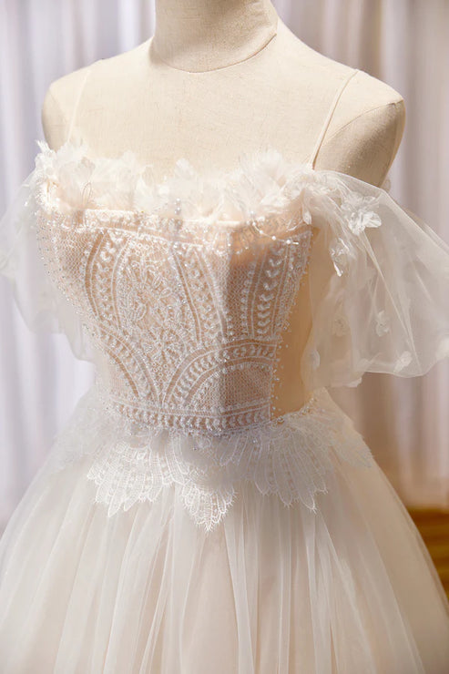 Champagne Floor Length Lace Long Prom Dress Off the Shoulder Evening Dress Wedding Dress