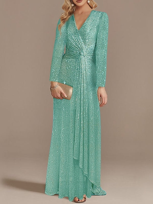 Mermaid/Trumpet V-Neck Long Sleeves Floor-Length Party Cocktail Dress With Sequins Sparkly Evening Dress