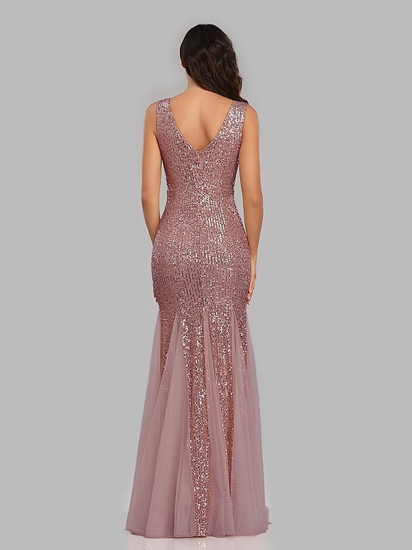 Mermaid/Trumpet V-Neck Sleeveless Floor-Length Party Cocktail Dress With Sequins Sparkly Evening Dress