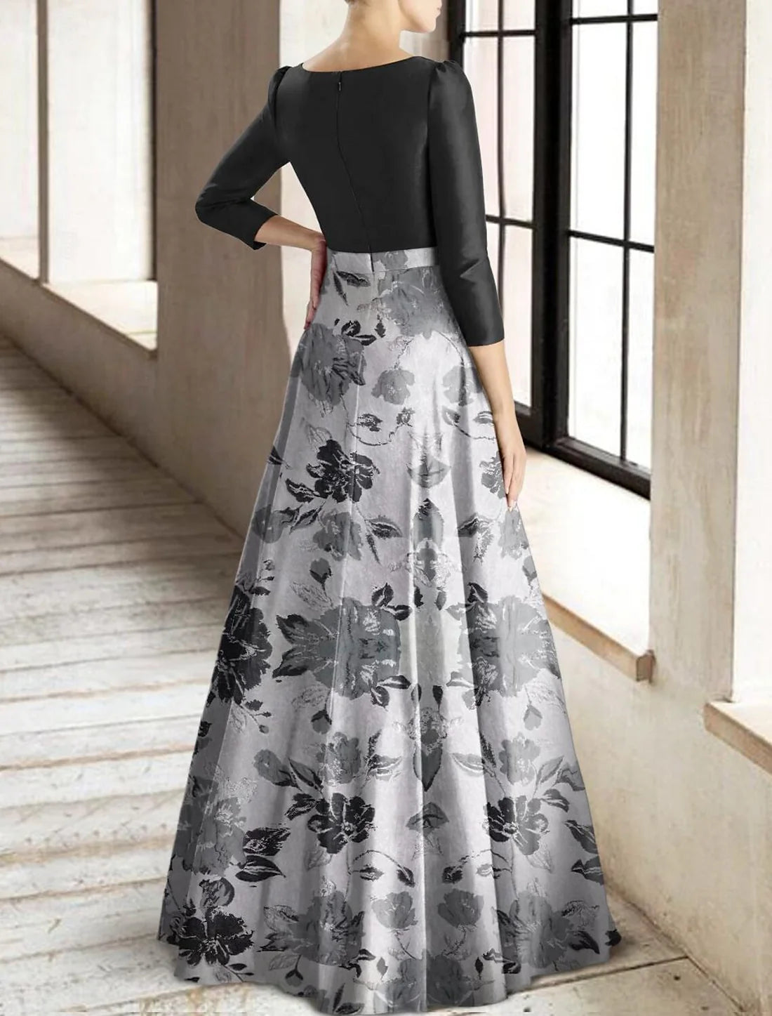 A-Line Mother of the Bride Dress Formal Wedding Guest Elegant Square Neck Floor Length 3/4 Length Sleeve with Pleats Flower