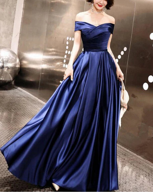 Blue Off Shoulder Prom Dress Satin Party Gown Prom Dress Elegant Evening Dress Formal Dress