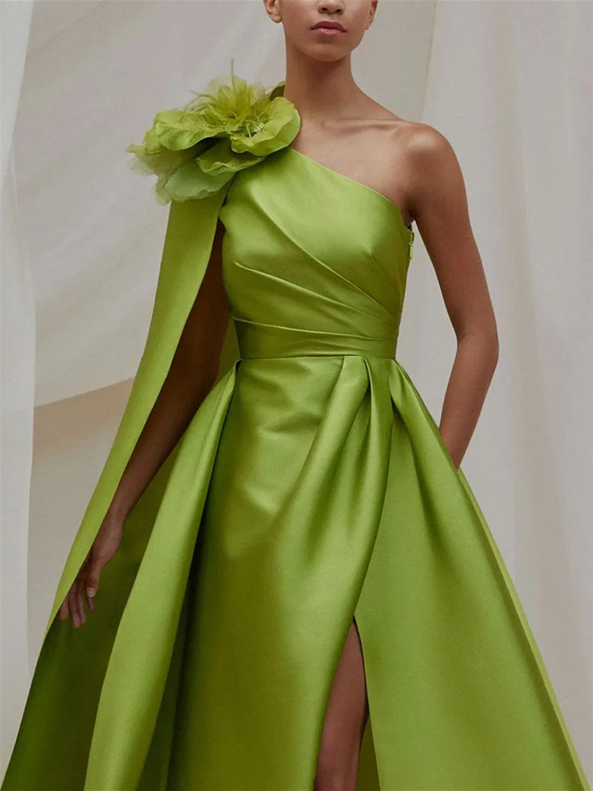 A-Line/Princess One Shoulder Sweep/Brush Train Evening Dresses With Flowers