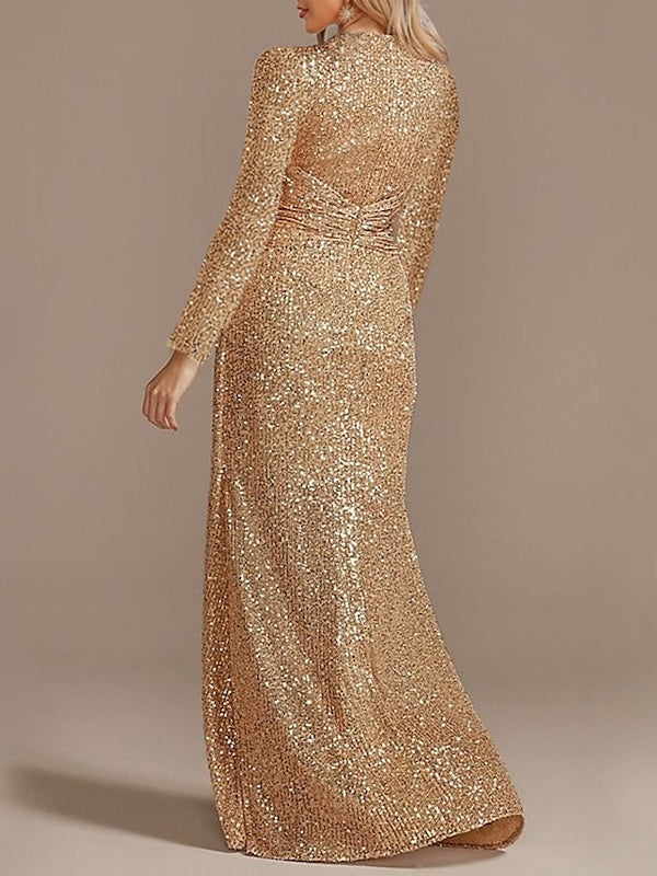 Mermaid/Trumpet V-Neck Long Sleeves Floor-Length Party Cocktail Dress With Sequins Sparkly Evening Dress