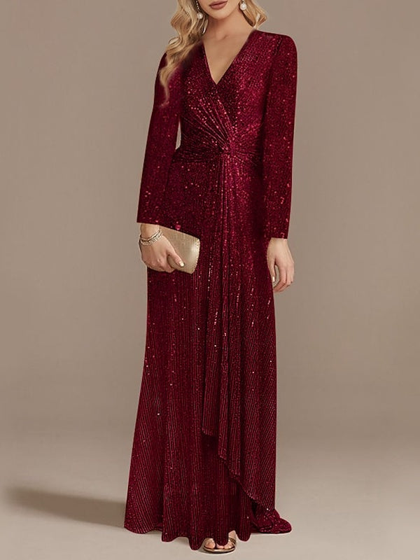 Mermaid/Trumpet V-Neck Long Sleeves Floor-Length Party Cocktail Dress With Sequins Sparkly Evening Dress