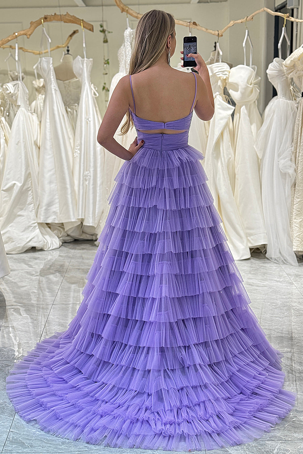 Purple A Line Cut Out Sweetheart Tiered Long Prom Dress With Slit Sexy