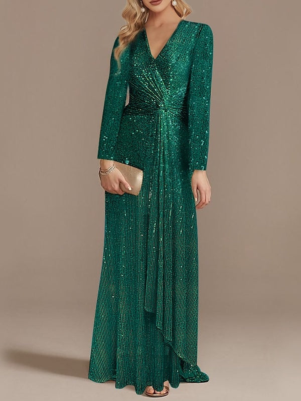 Mermaid/Trumpet V-Neck Long Sleeves Floor-Length Party Cocktail Dress With Sequins Sparkly Evening Dress