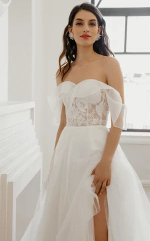 Bohemian A Line Sweetheart Sweep Train Wedding Dress with Split Front Off Shoulder