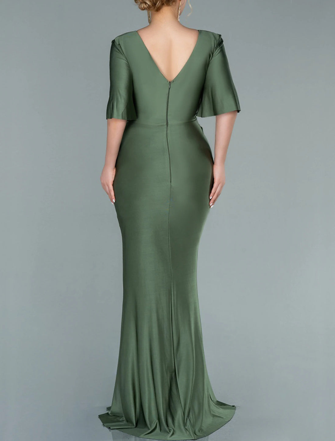 Mermaid / Trumpet Mother of the Bride Dress Wedding Guest Party Elegant V Neck Sweep / Brush Train Stretch Satin Imitated Silk Half Sleeve