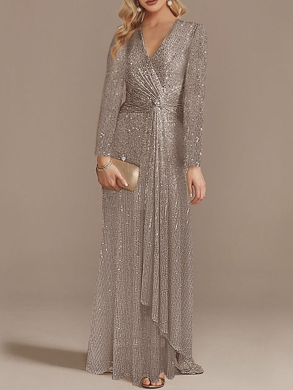 Mermaid/Trumpet V-Neck Long Sleeves Floor-Length Party Cocktail Dress With Sequins Sparkly Evening Dress