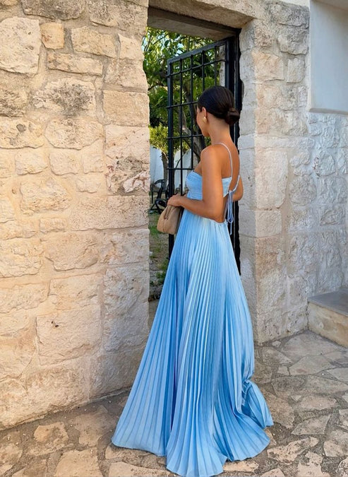 Xiaopinwu Blue Sleeveless A-line Chiffon Long Prom Dress Elegant Evening Party Dress Formal Dress