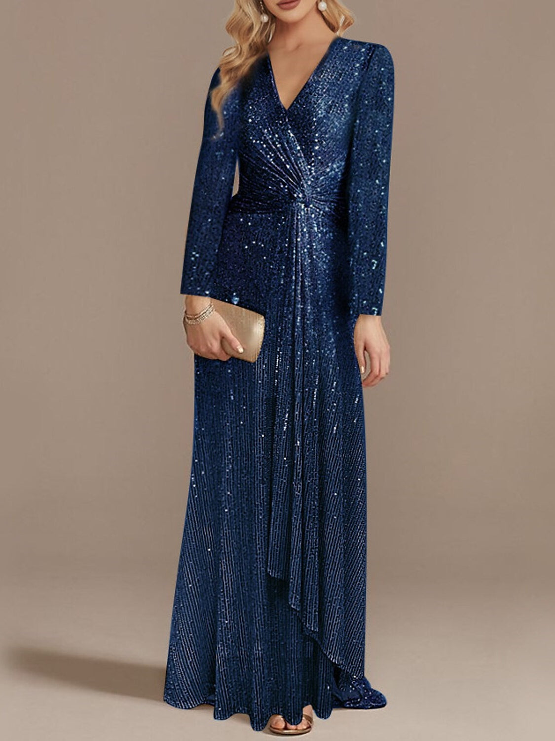 Mermaid/Trumpet V-Neck Long Sleeves Floor-Length Party Cocktail Dress With Sequins Sparkly Evening Dress