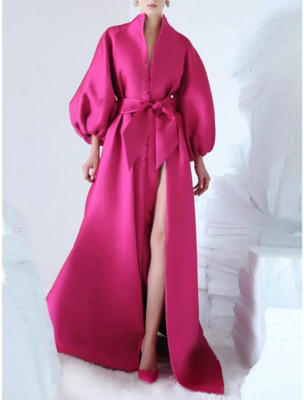 A-Line Evening Gown Elegant Dress Formal Sweep / Brush Train Long Sleeve V Neck Satin with Bow(s) Slit