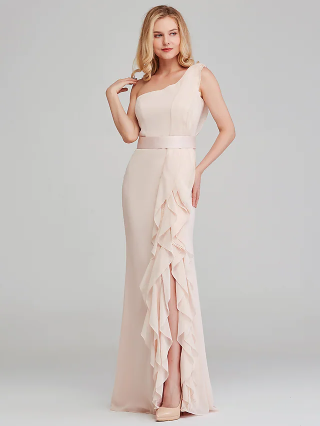 Pearl Pink Shoulder Long Length Chiffon Bridesmaid Dress with Cascading Ruffles