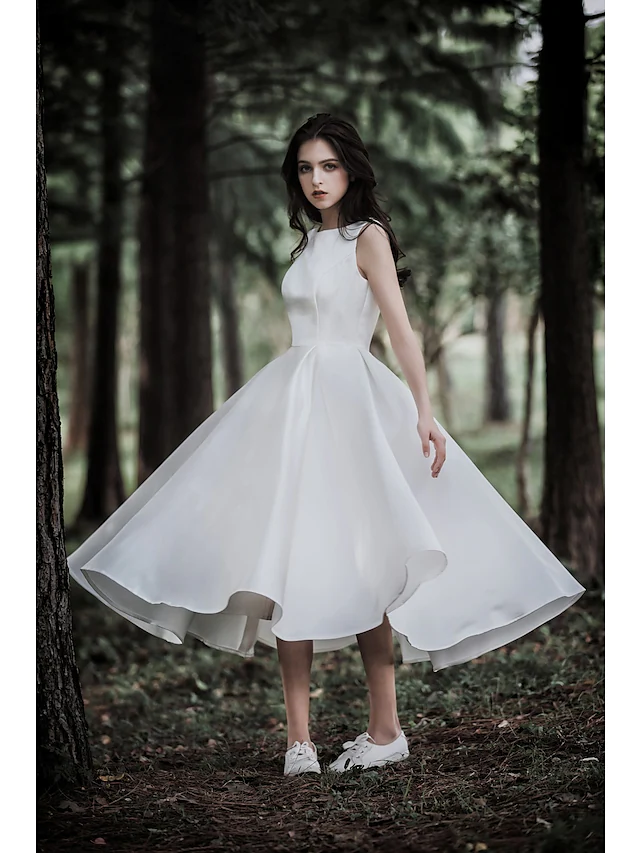 A-Line Wedding Dresses Jewel Neck Tea Length Chiffon Over Satin Cap Sleeve Simple Casual Little White Dress Pure Color
