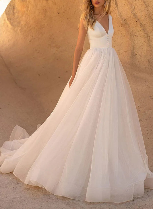 Elegant Satin/Tulle Wedding Dresses With A-Line V-Neck And Sleeveless Design Court Train Floor Length