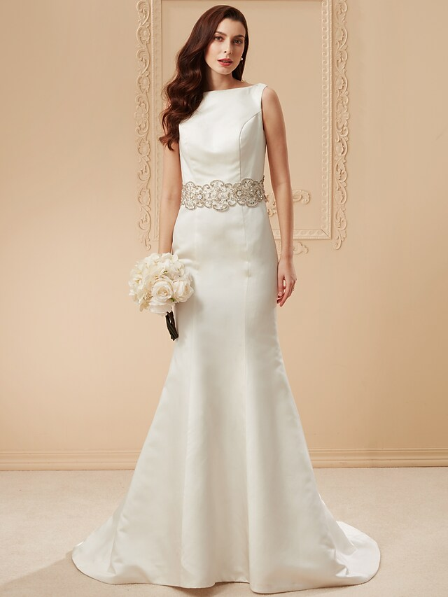 Long Wedding Dresses Bateau Neck Cathedral Train Satin Regular Straps Vintage Inspired