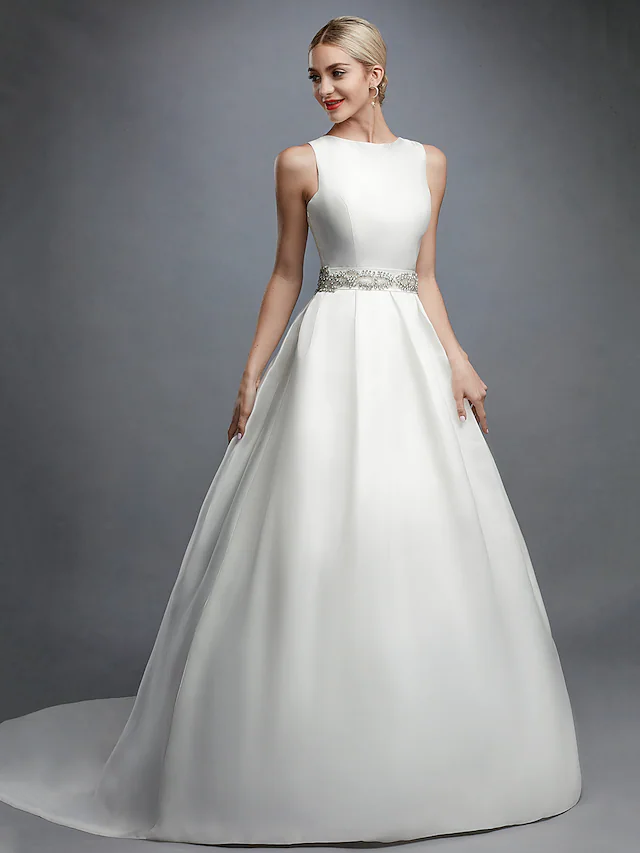 Ball Gown Wedding Dresses Bateau Neck Court Train Lace Satin Regular Straps Formal Backless with Lace Sash Ribbon