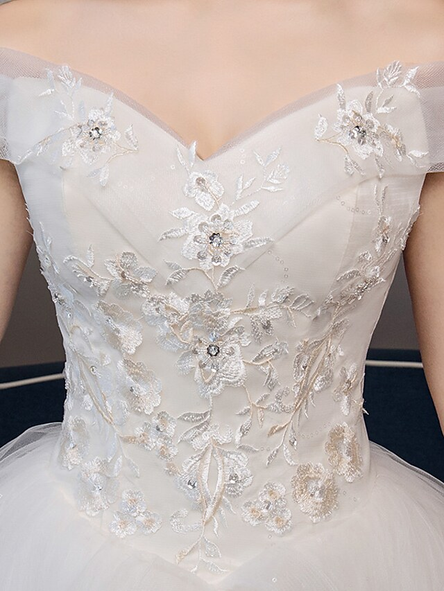 Ball Gown Wedding Dresses Off Shoulder Chapel Train Organza Cap Sleeve Formal Elegant with Crystals