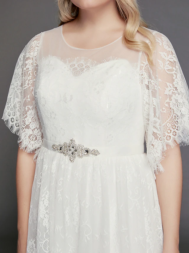 A-Line Wedding Dresses Illusion Neck Jewel Neck Floor Length Lace Tulle Half Sleeve Formal Boho Little White Dress See-Through with Beading Lace