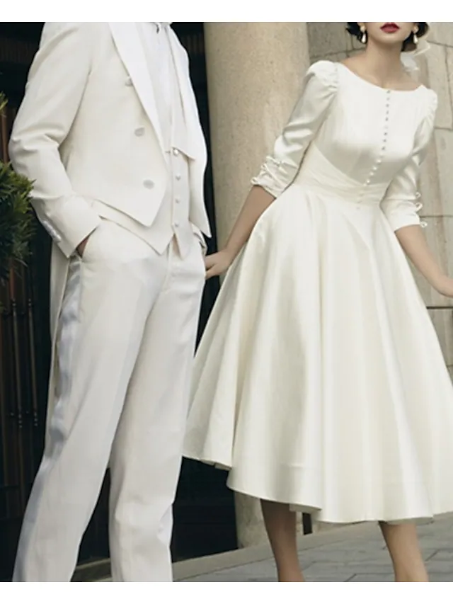 A-Line Wedding Dresses Jewel Neck Tea Length Satin Half Sleeve Simple Vintage Little White Dress with Buttons