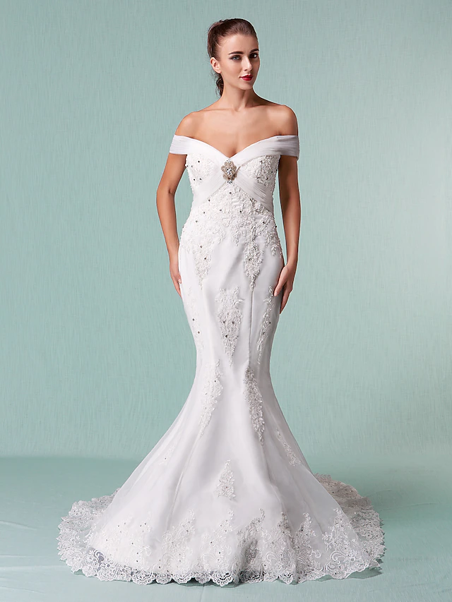 Wedding Dresses Off Shoulder Chapel Train Organza Short Sleeve with Beading Appliques Crystal