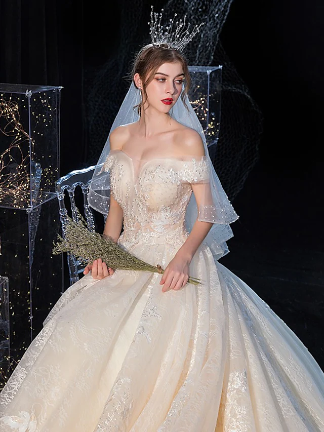 Ball Gown Wedding Dresses Off Shoulder Cathedral Train Tulle Lace Over Satin Sleeveless Formal Elegant with Crystals