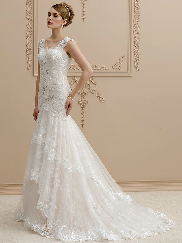 Wedding Dresses Square Neck Court Train Lace Over Tulle Regular Straps Wedding Dress in Color Floral Lace See-Through with Buttons Sequin