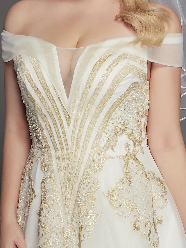 Princess Wedding Dresses Off Shoulder Chapel Train Lace Tulle Cap Sleeve Glamorous Illusion Detail