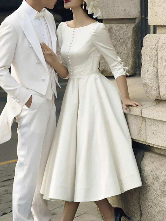 A-Line Wedding Dresses Jewel Neck Tea Length Satin Half Sleeve Simple Vintage Little White Dress with Buttons