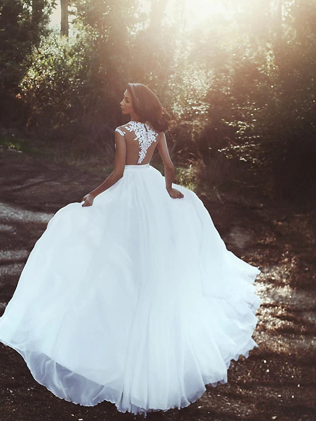 A-Line Wedding Dresses V Neck Court Train Chiffon Lace Cap Sleeve Country Romantic Sexy See-Through Backless with Lace Sashes