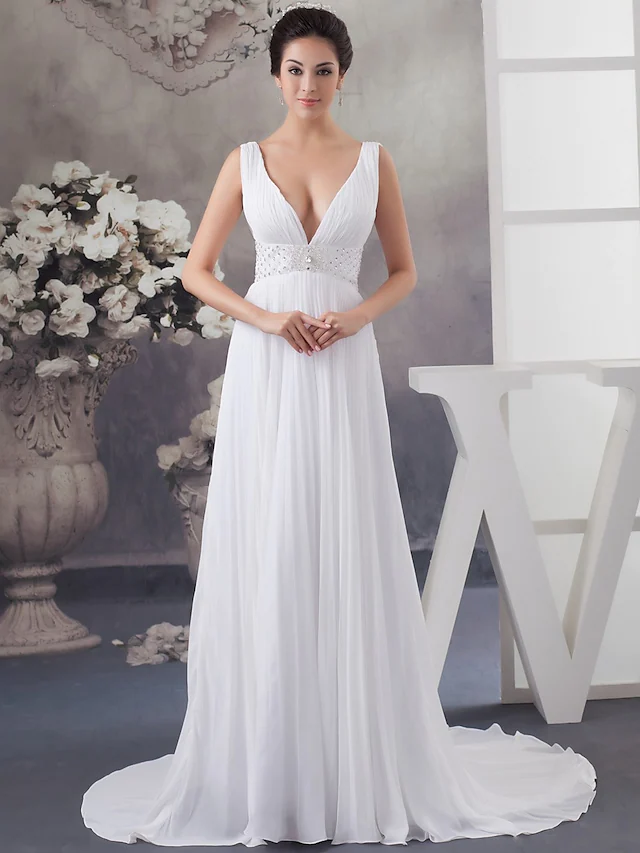 A-Line Wedding Dresses V Neck Chapel Train Chiffon Satin Regular Straps with Crystals Beading