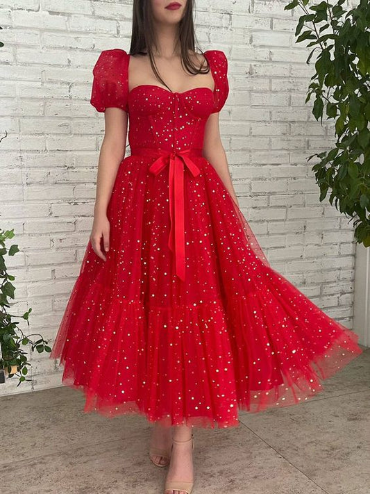 Homecoming Dresses A Line Square Short Sleeves With Sequin Tulle Sparkly Party Dresses
