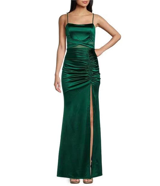 Parallel crepe seam side slit long evening dress Sexy