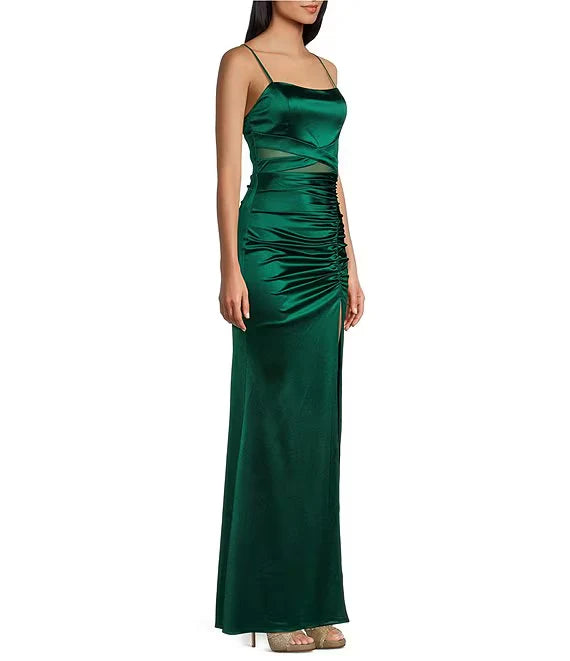 Parallel crepe seam side slit long evening dress Sexy