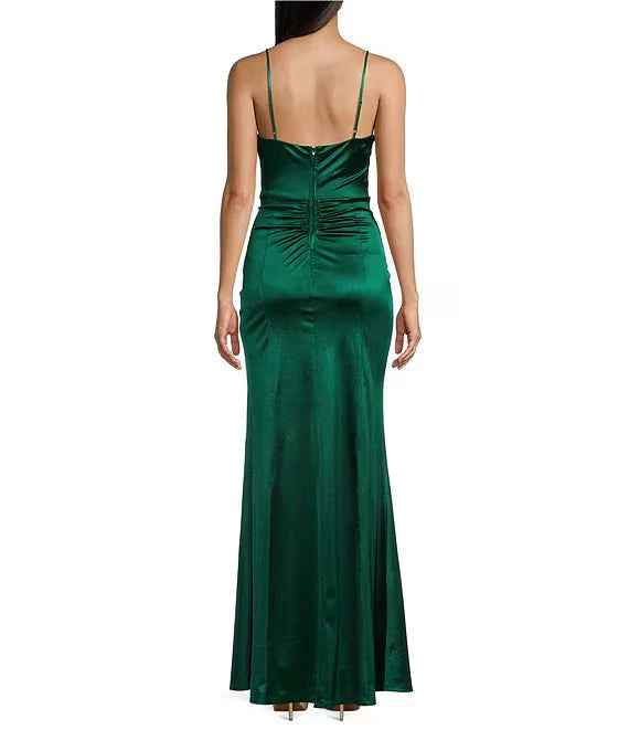 Parallel crepe seam side slit long evening dress Sexy