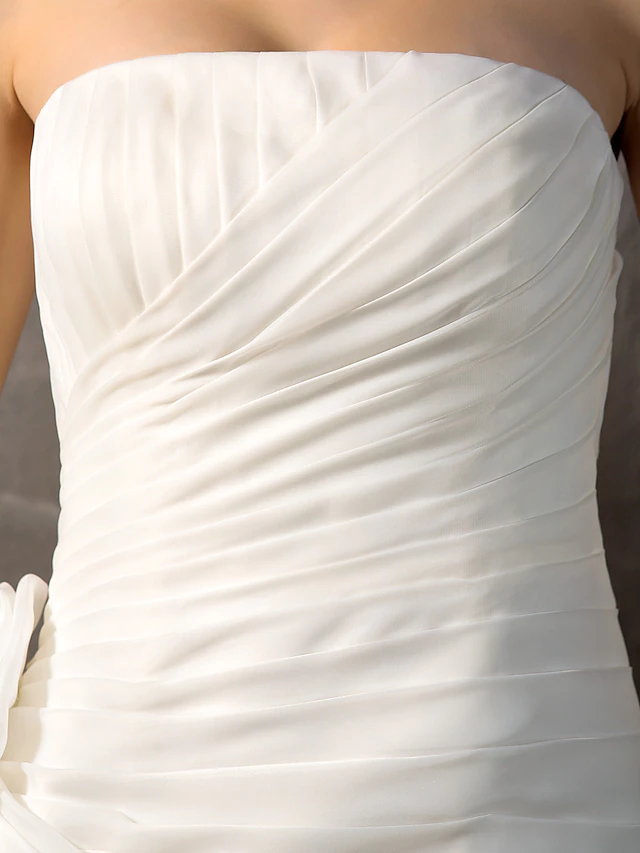 Wedding Dresses Strapless Court Train Organza Sleeveless with Flower Cascading Ruffle