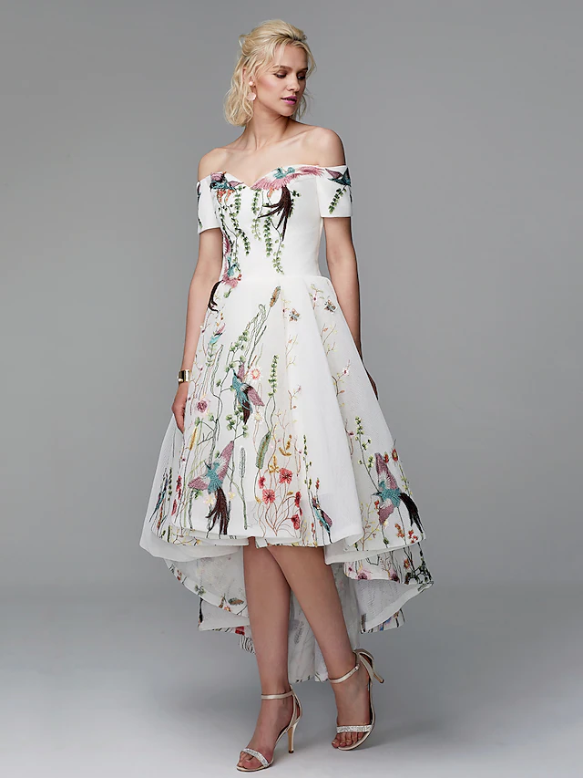 Ball Gown Elegant Floral High Low Cocktail Party Prom Valentine's Day Dress Off Shoulder Short Sleeve Asymmetrical Polyester